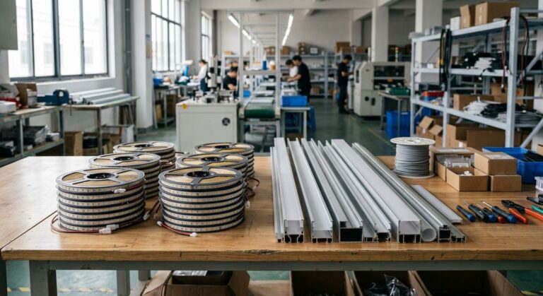 LED Neon Made to Order: Putting Your Brand on a Hand-Bent Sign - Coiled LED strip reels and aluminium channel profiles on a workbench