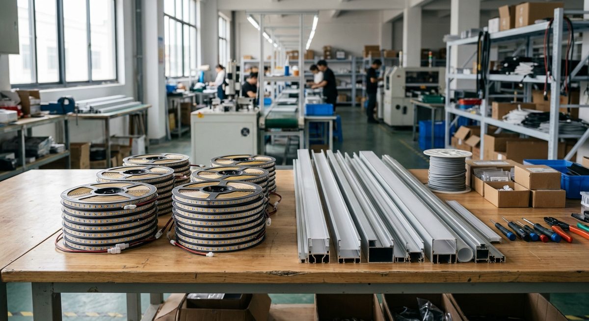 LED Neon Made to Order: Putting Your Brand on a Hand-Bent Sign - Coiled LED strip reels and aluminium channel profiles on a workbench