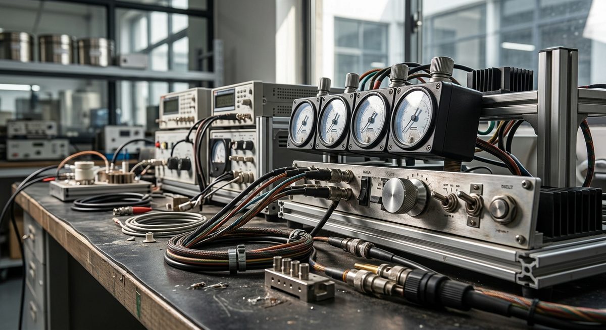 Testing SPC Flooring in China: Specs, Ovens and Paperwork - Laboratory bench with test rigs, cables and instrument dials