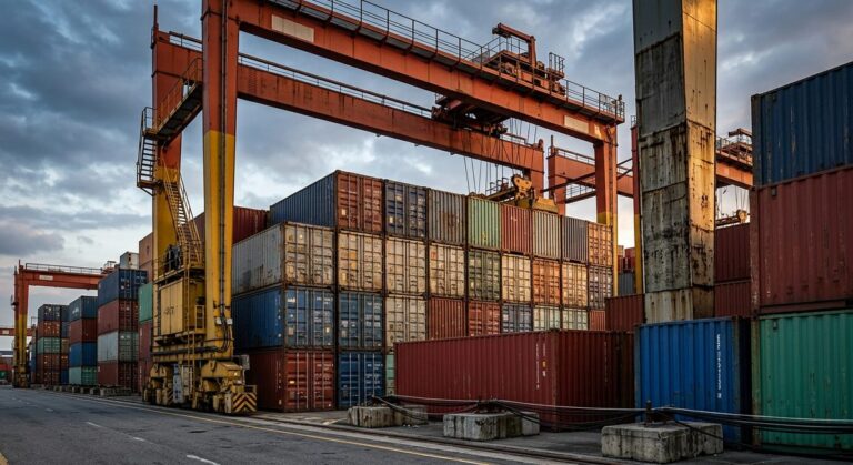 Packing Christmas Stock in July: Freight Notes from Guangdong - Stacked shipping containers and a gantry crane at a container terminal