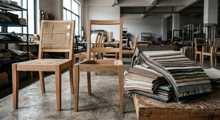Walking a Massage Chair Factory Floor Before You Place an Order - Upholstered chair frames and fabric swatches in a furniture showroom