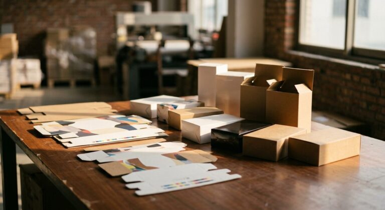 Where Rigid Gift Box Orders Go Wrong Between Artwork and Arrival - Flat folded cartons and printed packaging samples fanned on a table