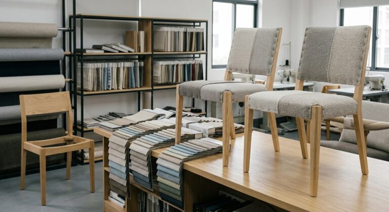 One Standing Desk Order, Followed from First Email to Container - Upholstered chair frames and fabric swatches in a furniture showroom