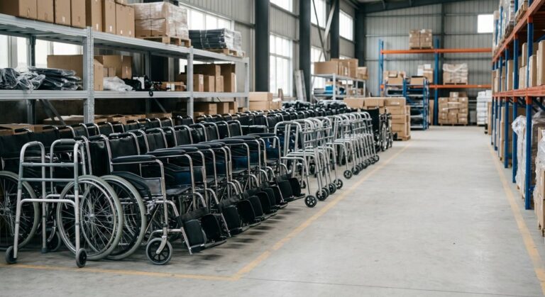 What You’re Really Paying for in a Wheelchair Built in Foshan - Folded wheelchairs and mobility frames lined up in a warehouse aisle