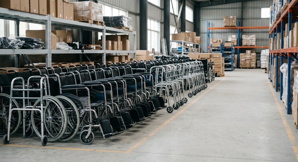 What You’re Really Paying for in a Wheelchair Built in Foshan - Folded wheelchairs and mobility frames lined up in a warehouse aisle