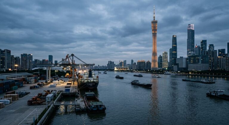 Where Hotel Towels Really Come From, and How to Buy Them Well - The Guangzhou skyline over the Pearl River at dusk with the tower lit
