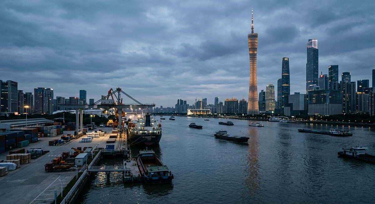 Where Hotel Towels Really Come From, and How to Buy Them Well - The Guangzhou skyline over the Pearl River at dusk with the tower lit
