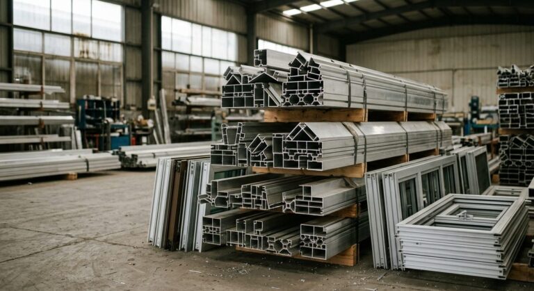 Putting Your Name on Aluminium: Profiles and Windows from Foshan - Stacked aluminium extrusion profiles and window frame sections in a yard