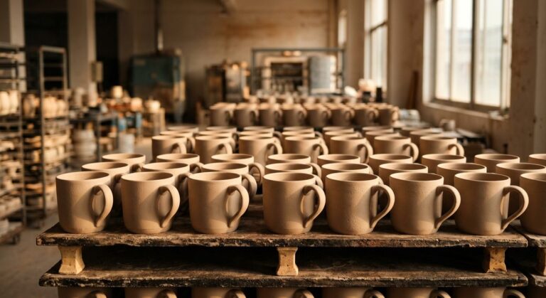 The Paper Trail Behind a Paper Cup: Food Packaging Compliance - Unglazed ceramic mugs on kiln shelves in a pottery workshop