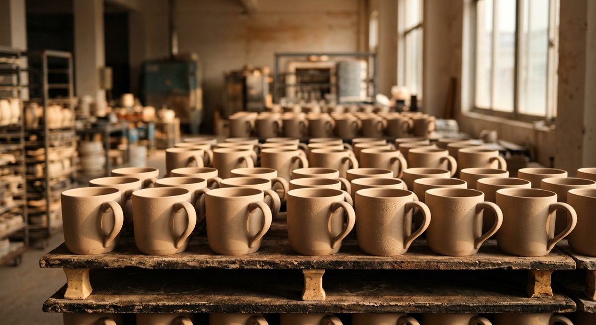 The Paper Trail Behind a Paper Cup: Food Packaging Compliance - Unglazed ceramic mugs on kiln shelves in a pottery workshop