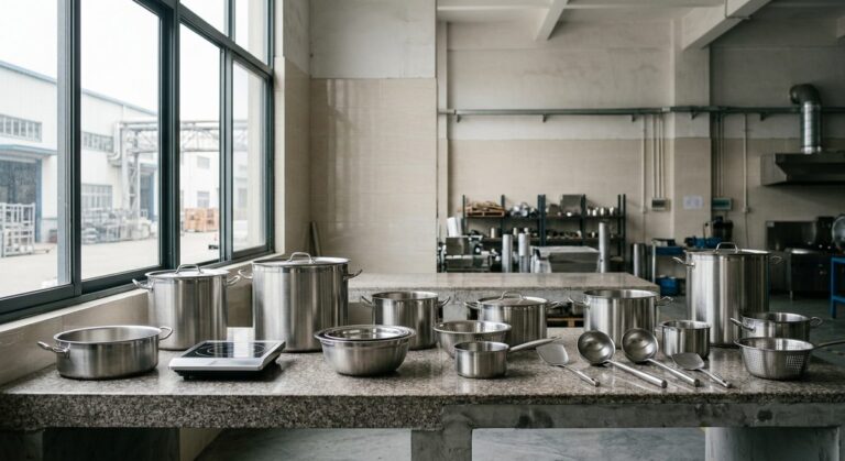 Crates, Compressors and CBM: Shipping a Commercial Kitchen - Stainless steel cookware and utensils arranged on a stone counter