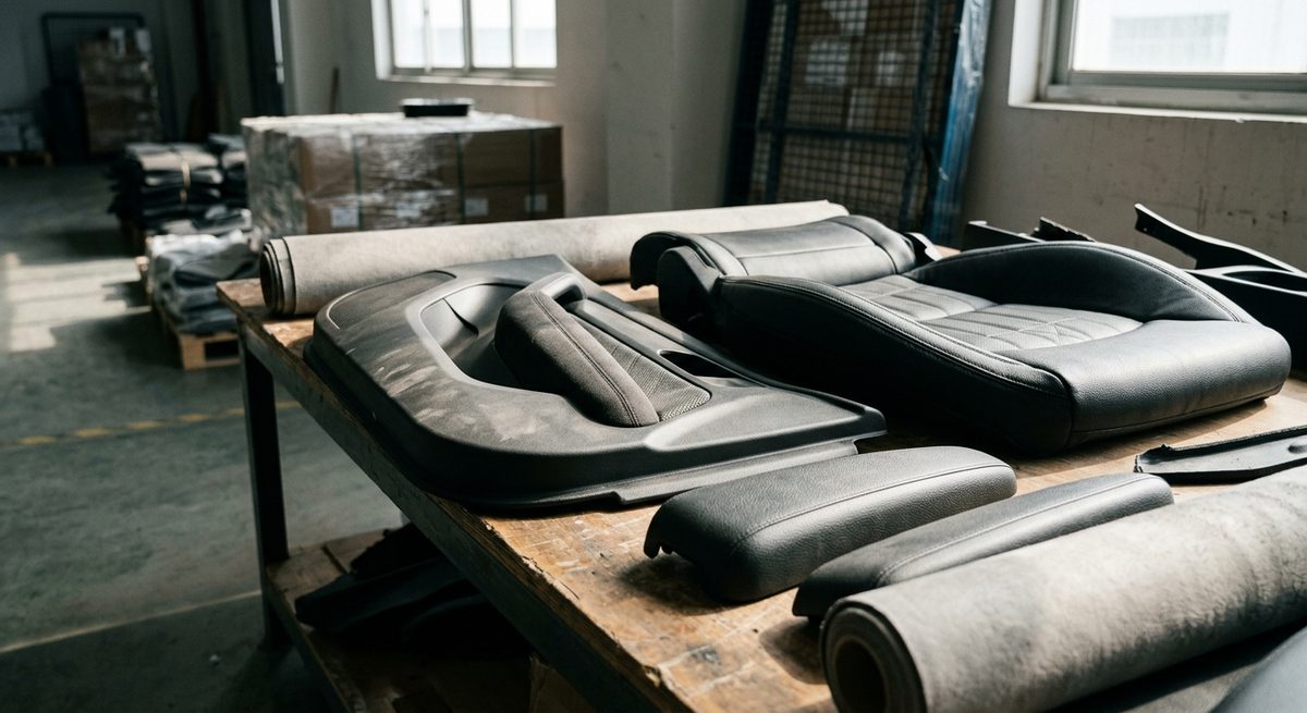 Samples, Minimums and Money: Buying Car Interior Parts in China - Car interior trim panels and seat covers laid out on a bench