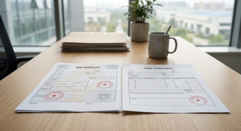 Your First Order from a Chinese Supplier: What Actually Happens - A bank transfer slip and an order confirmation on a desk