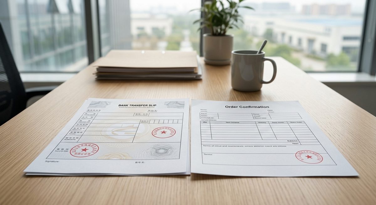 Your First Order from a Chinese Supplier: What Actually Happens - A bank transfer slip and an order confirmation on a desk