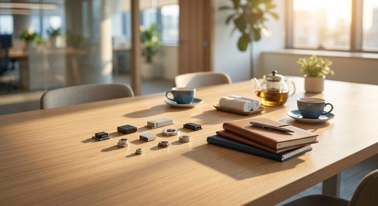 How Buyers Choose Between Flying to China and Sending an Agent - A meeting table with product samples, notebooks and tea cups in a bright office