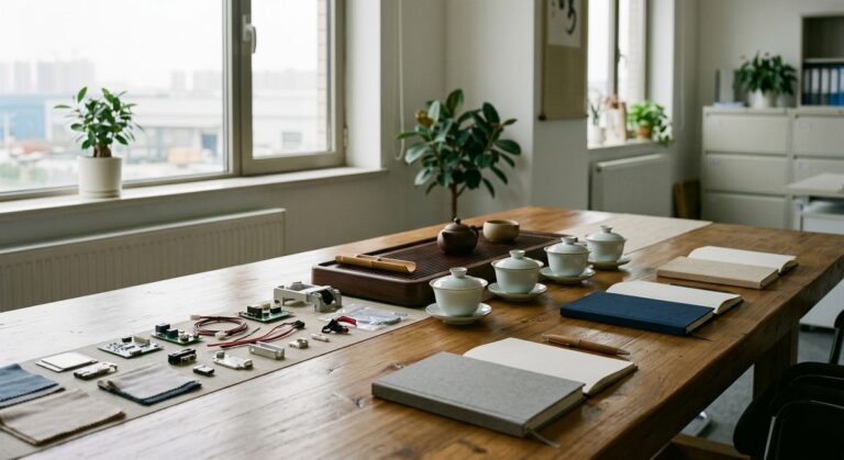 What a Week of Supplier Meetings in Guangzhou Looks Like - A meeting table with tea cups, samples and notebooks in a bright office