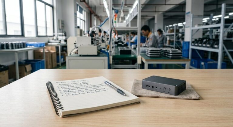 The Questions Buyers Forget to Ask a Chinese Supplier - A notebook of handwritten questions beside a product sample