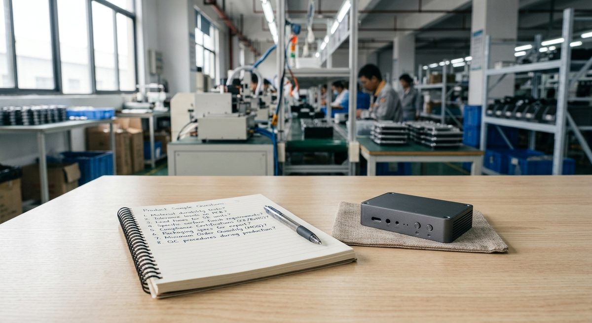 The Questions Buyers Forget to Ask a Chinese Supplier - A notebook of handwritten questions beside a product sample