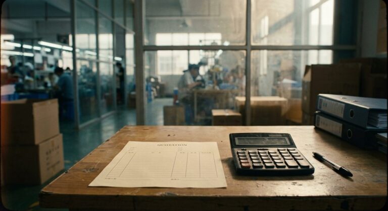Reading a Chinese Factory Quotation Line by Line - A printed quotation, calculator and pen on a factory office desk