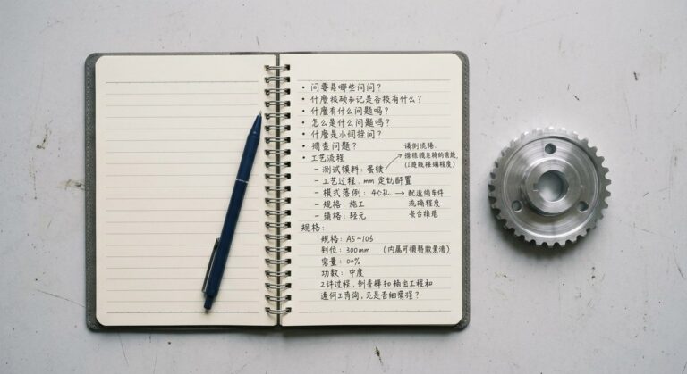 How to Brief a Chinese Supplier So You Get What You Pictured - A notebook of handwritten questions beside a product sample