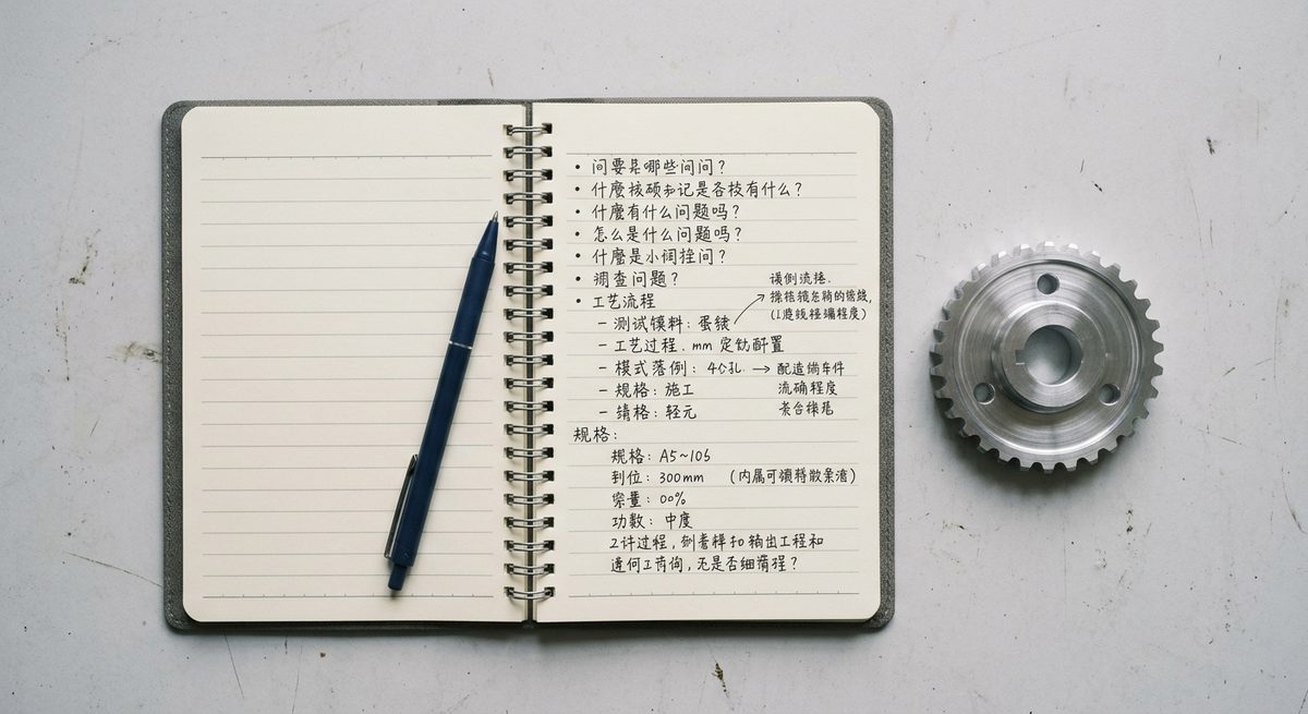 How to Brief a Chinese Supplier So You Get What You Pictured - A notebook of handwritten questions beside a product sample