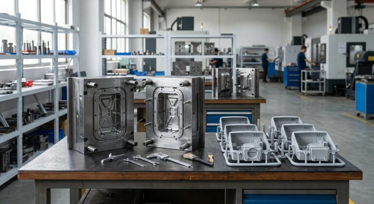 Sample Rounds: How Many You Need Before Production - Steel injection moulds and first-run plastic prototypes on a tooling bench
