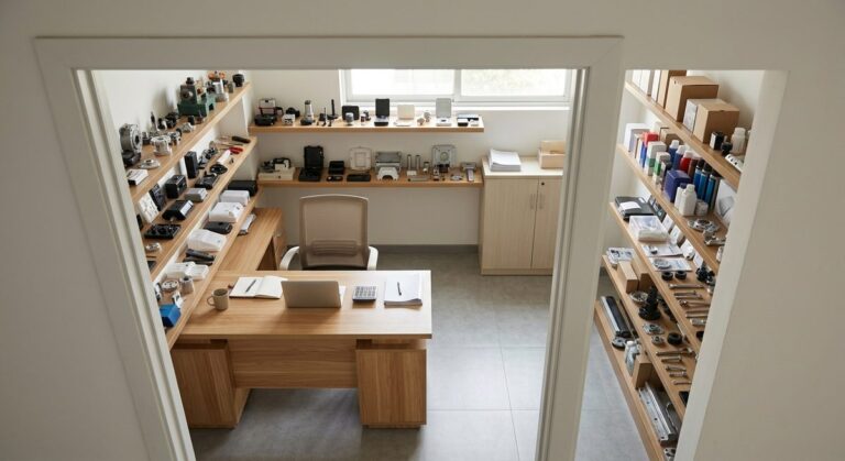 Trading Company or Factory: Telling Them Apart in Guangzhou - A tidy sales office with product samples on shelves, seen through a doorway