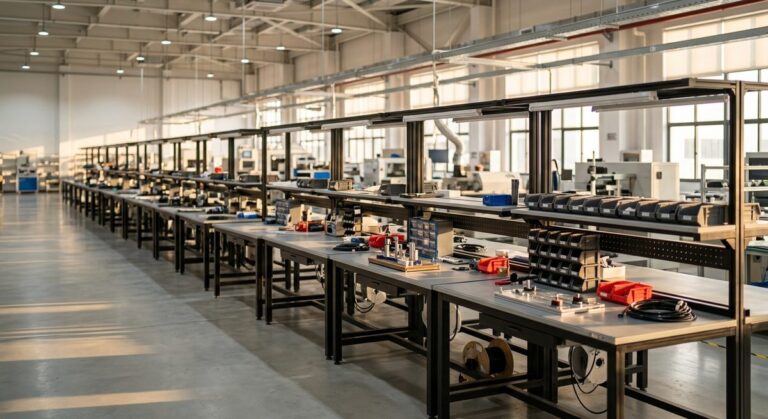 The Paper Trail That Proves a Chinese Supplier Is Real - A long production line of workbenches in a bright modern factory