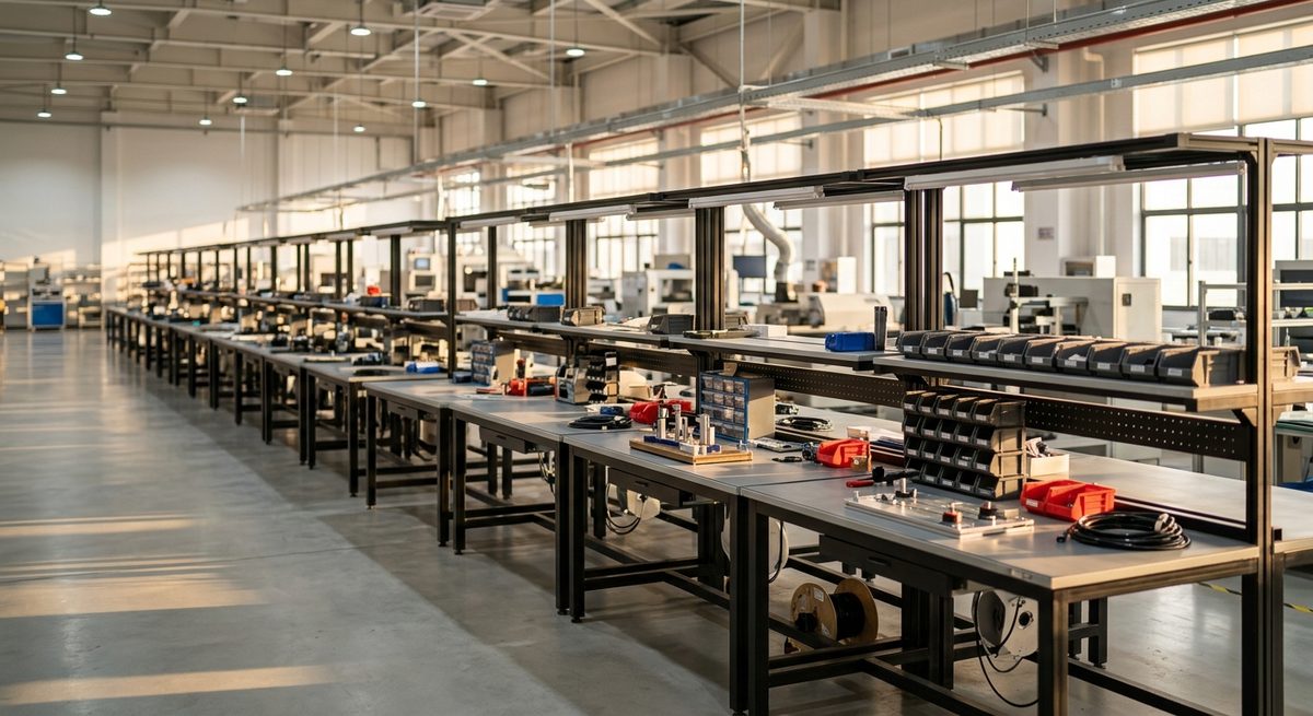 The Paper Trail That Proves a Chinese Supplier Is Real - A long production line of workbenches in a bright modern factory
