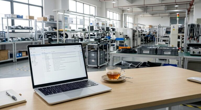 Warning Signs in a Supplier’s First Three Emails - An open laptop showing an inbox beside a half drunk cup of tea