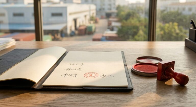 What to Put in Writing Before a Chinese Factory Starts - Signed contract folders, a red company chop and an ink pad on a desk