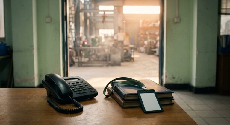 What a China Agent Does on an Ordinary Tuesday - A desk with a phone, order files and a factory pass on a lanyard