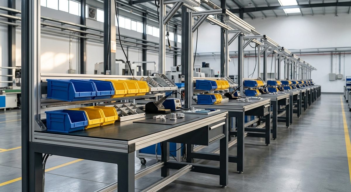 How a Sourcing Agent in China Is Paid, and Why It Matters - A long production line of workbenches in a bright modern factory