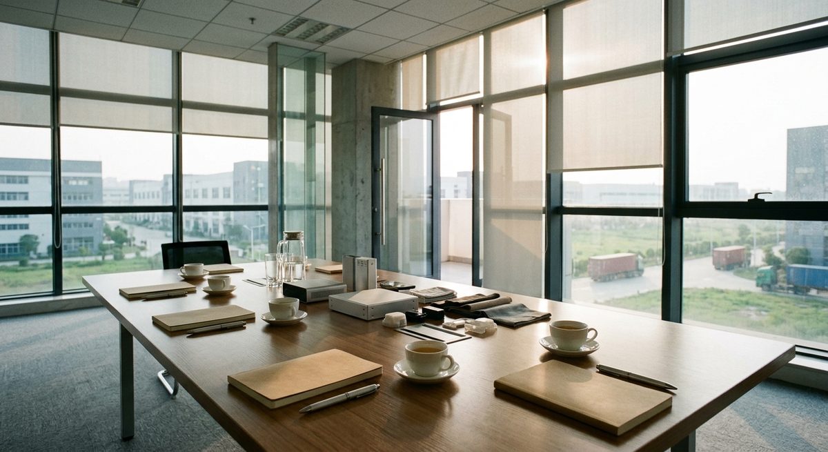When You Do Not Need an Agent in China - A meeting table with product samples, notebooks and tea cups in a bright office