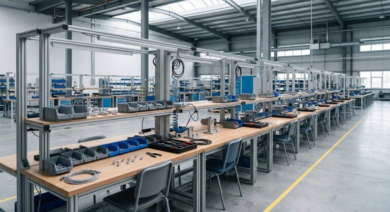 What an Agent Sees on a Factory Floor That You Would Miss - A long production line of workbenches in a bright modern factory