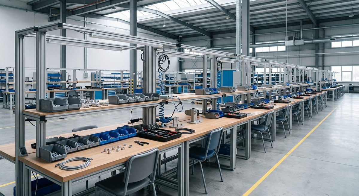 What an Agent Sees on a Factory Floor That You Would Miss - A long production line of workbenches in a bright modern factory