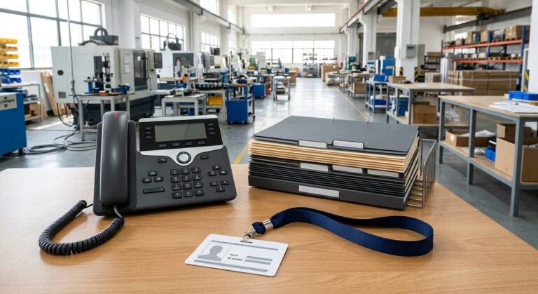 How Buyers Split Work Between Their Team and a China Agent - A desk with a phone, order files and a factory pass on a lanyard