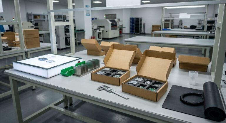 Inspecting Before, During and After Production - Inspection bench with calipers, a light box and sample cartons opened for checking