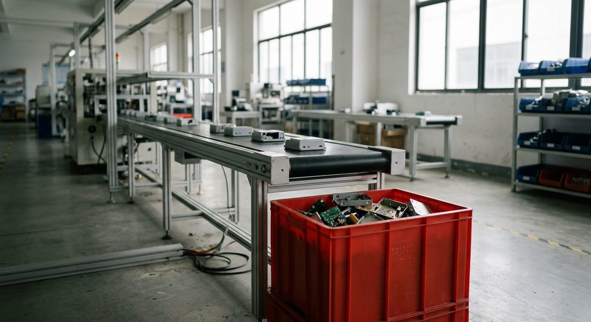 The Defects That Get Through a Standard Inspection - Rejected units set aside in a red crate beside a production line