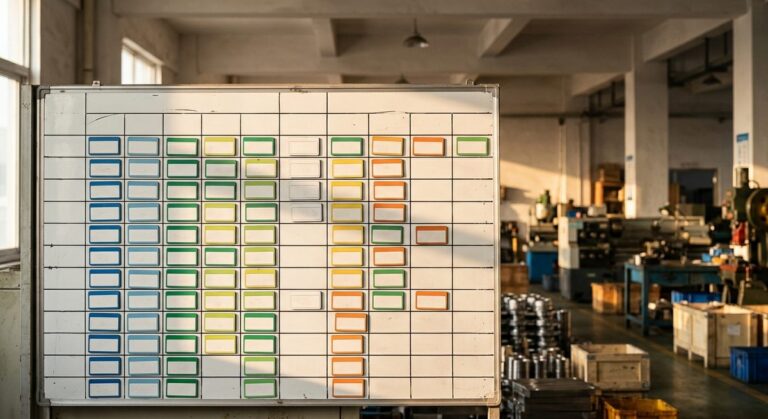 Why Repeat Orders Drift in Quality, and How to Stop It - A production planning board covered in magnetic job cards