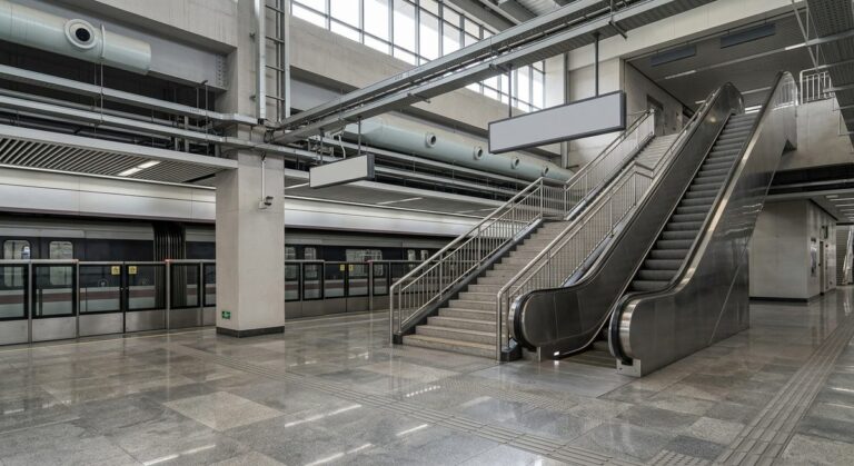 Metro, Taxis and Timing: Moving Around Guangzhou on a Buying Trip - A city metro platform with an escalator and directional signage