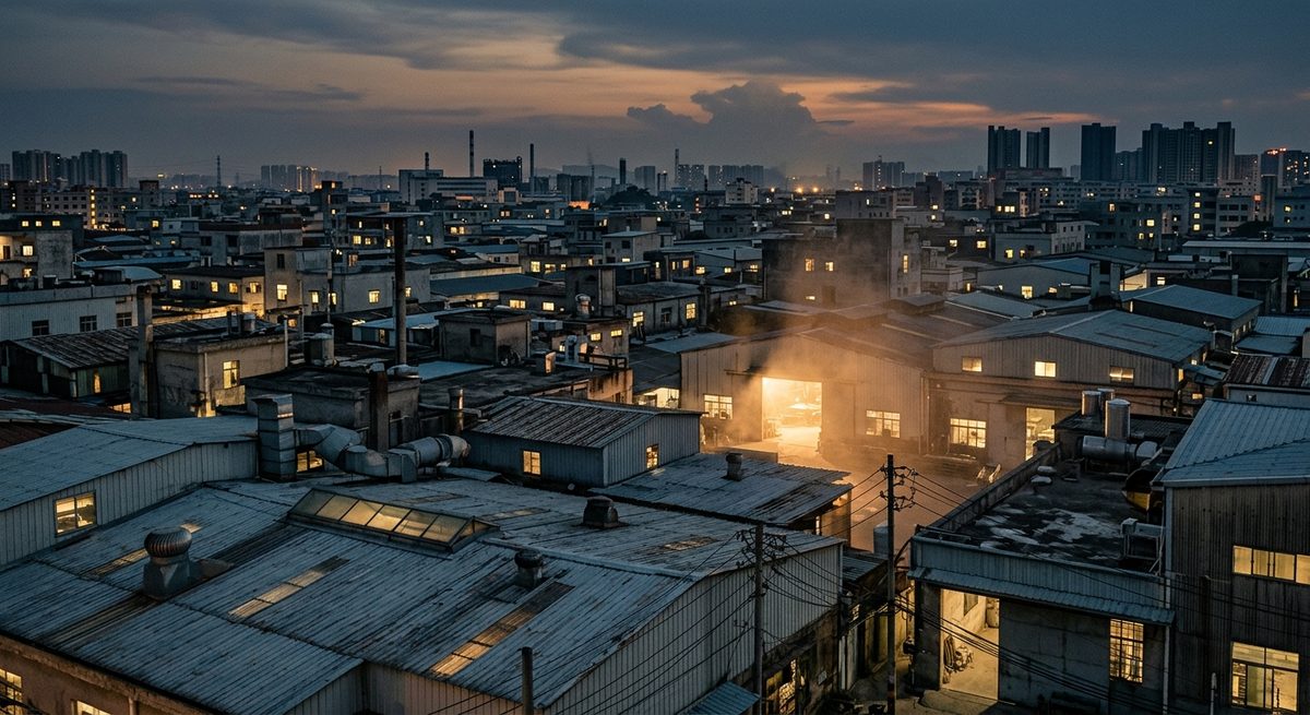 Guangzhou, Dongguan and Shenzhen: Which City Makes What - An industrial district skyline of workshop rooftops at dusk