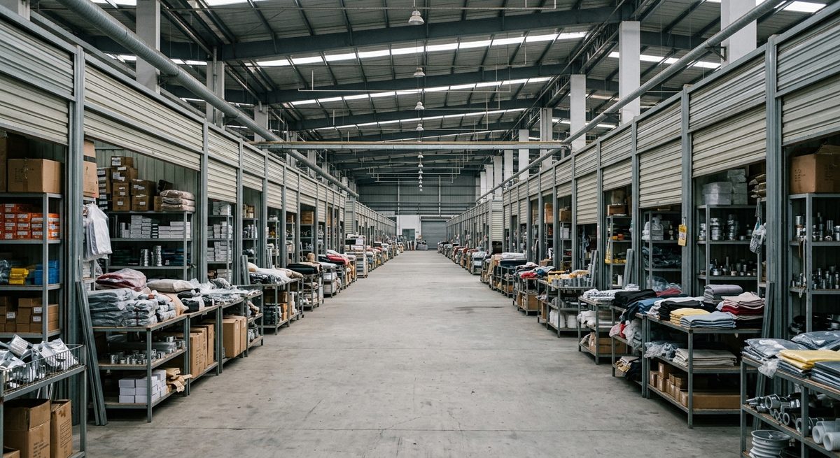 Buying at a Guangzhou Market Versus Ordering From a Factory - Wide aisle of a wholesale trade mall lined with small product stalls