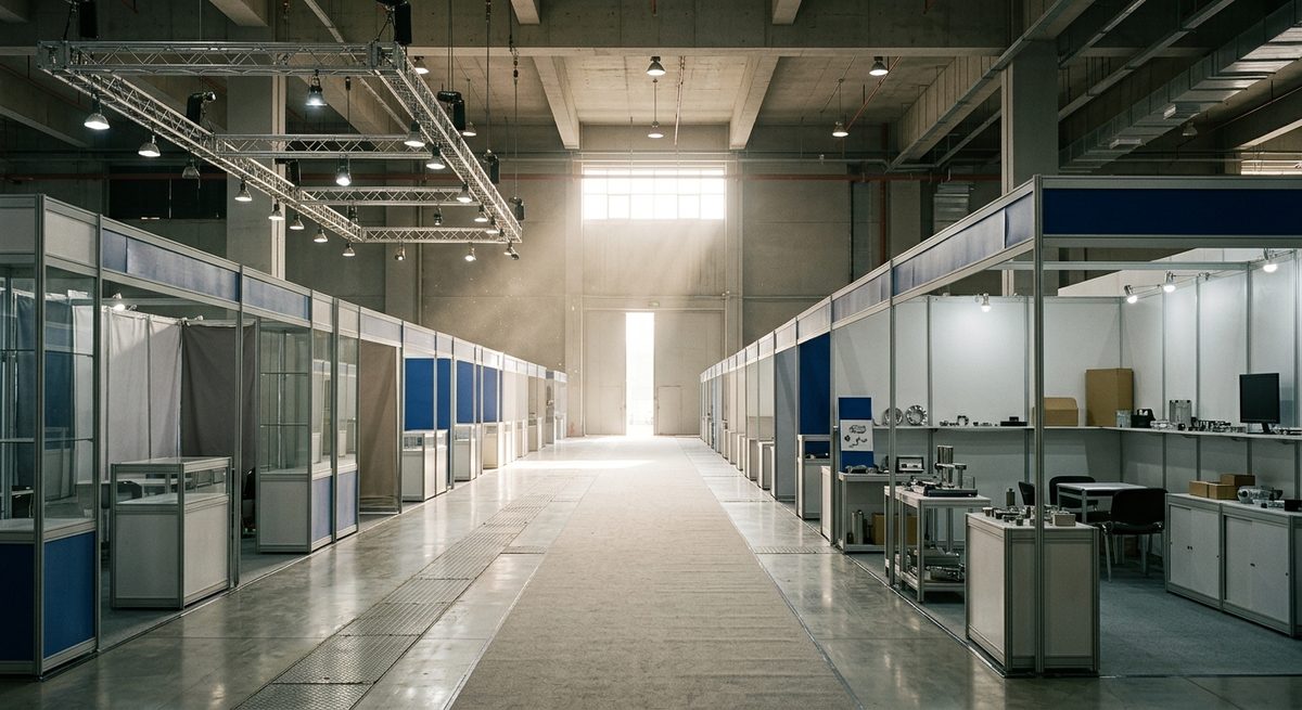 How to Prepare for the Canton Fair Before You Land - Wide exhibition hall aisle with modular booth structures and lighting rigs