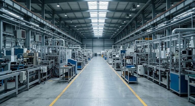 What a Factory Tour Should Include, and What to Refuse - An empty walkway between production lines with overhead lighting