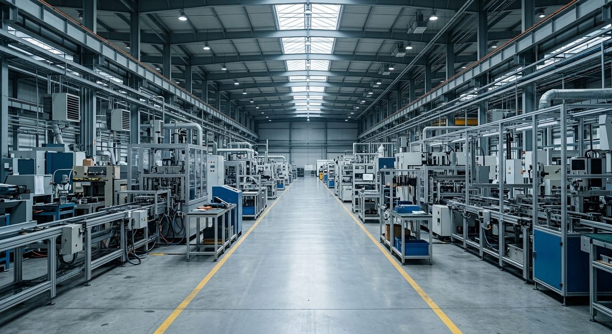 What a Factory Tour Should Include, and What to Refuse - An empty walkway between production lines with overhead lighting