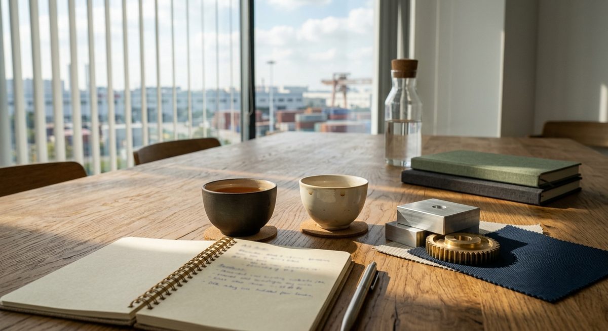 Meetings in China: What Buyers Should Expect in the Room - A meeting table with tea cups, samples and notebooks in a bright office