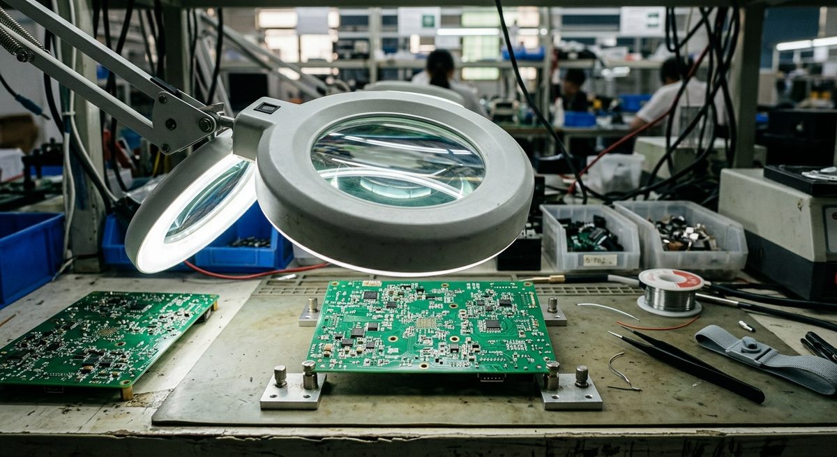 Sourcing Electronics in Shenzhen: What Buyers Should Know - Green circuit boards under a magnifier lamp on an electronics QC bench