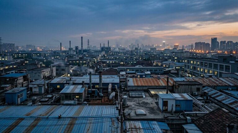 Dongguan Factories: What Buyers Find in the Workshops - An industrial district skyline of workshop rooftops at dusk