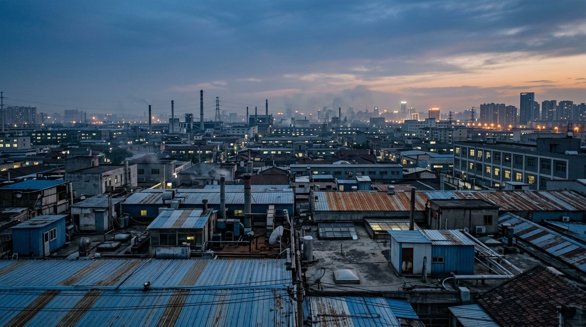 Dongguan Factories: What Buyers Find in the Workshops - An industrial district skyline of workshop rooftops at dusk